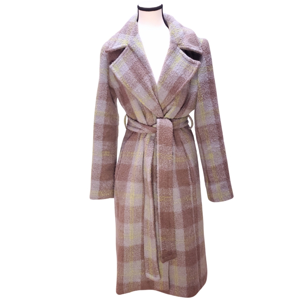 Noize XS Katja Long Length Vegan Wool Coat in Brown, Grey and Yellow